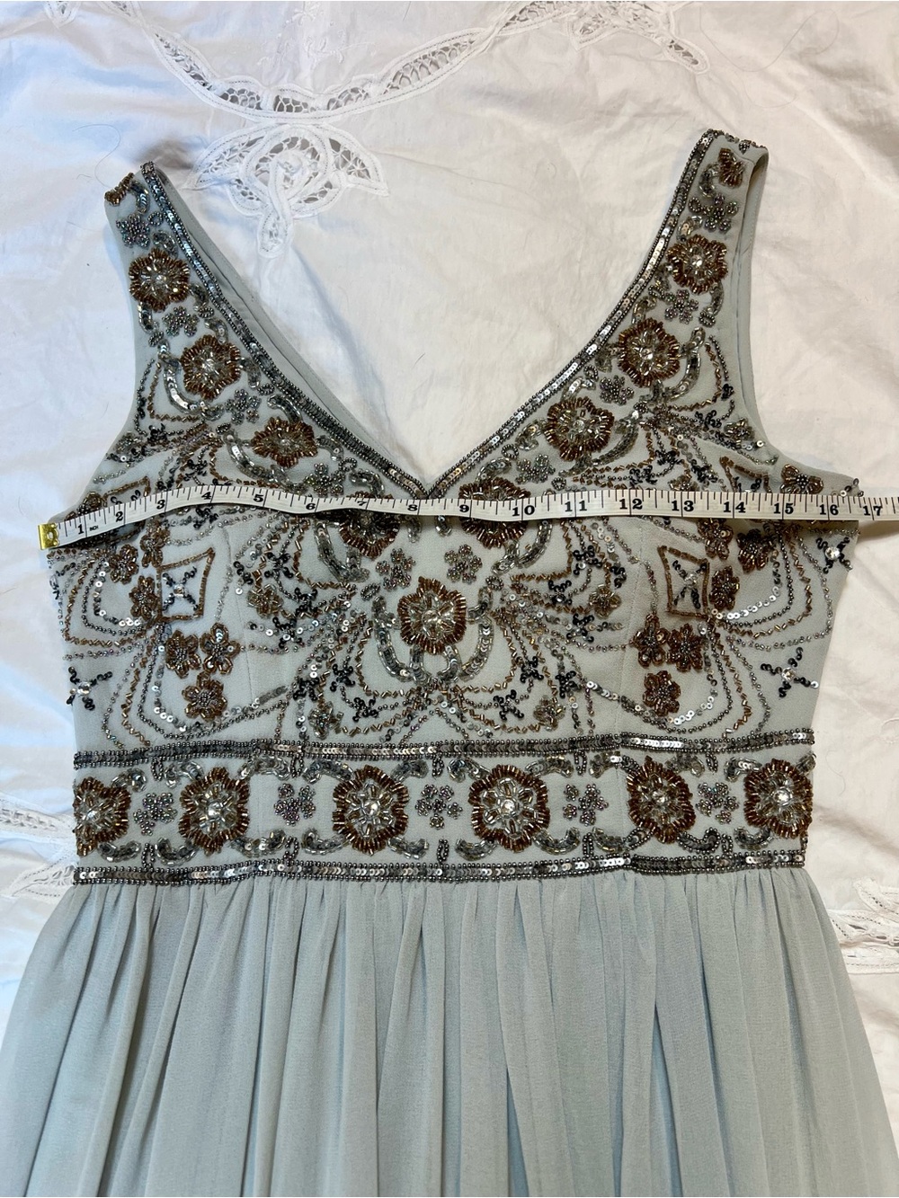 BHLDN by Anthropologie Pale Bluish Gray Beaded V-Neck Pleated Maxi Dress Size 4 - Picture 12 of 15